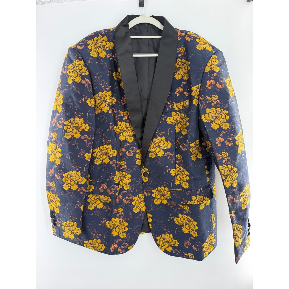 Blue Gold Floral Jacquard Tuxedo Blazer Shawl Lapel Formal Jacket Mens 3XL
